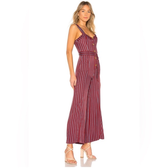Free People City Girl Jumpsuit Size 6 Wine Blue Stripe - Picture 6 of 7